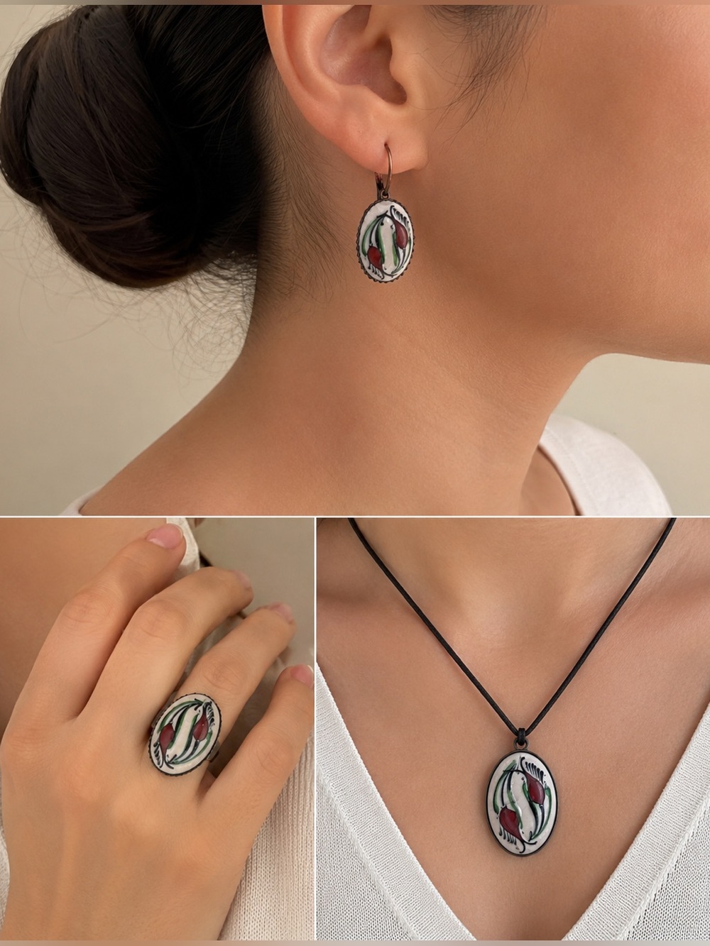 Hand-Painted Floral Red and Green Earrings, Ring & Pendant Jewelry Set